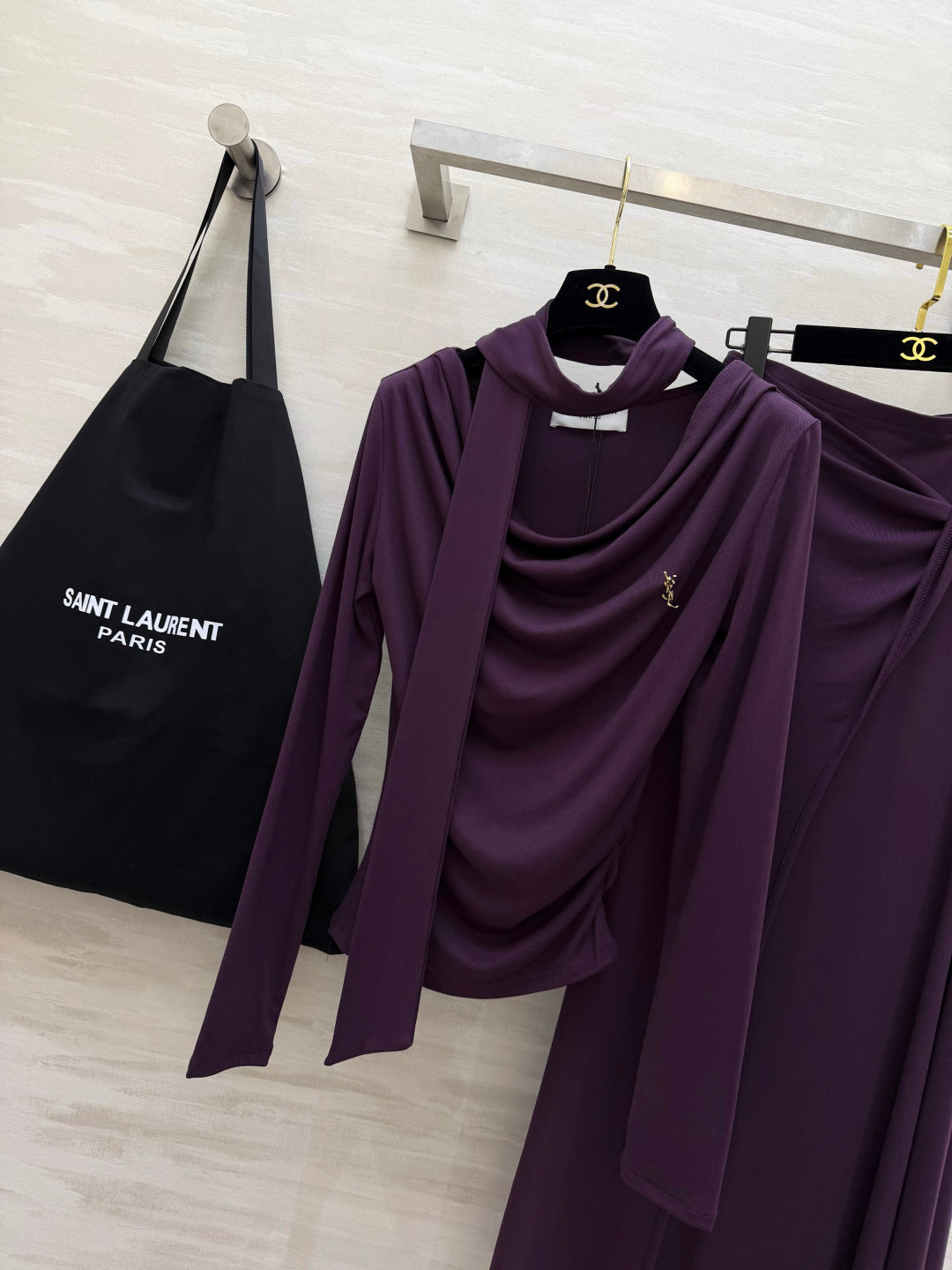 YSL 26s Draped Scarf Top & Midi Skirt Set Purple Silk 437097