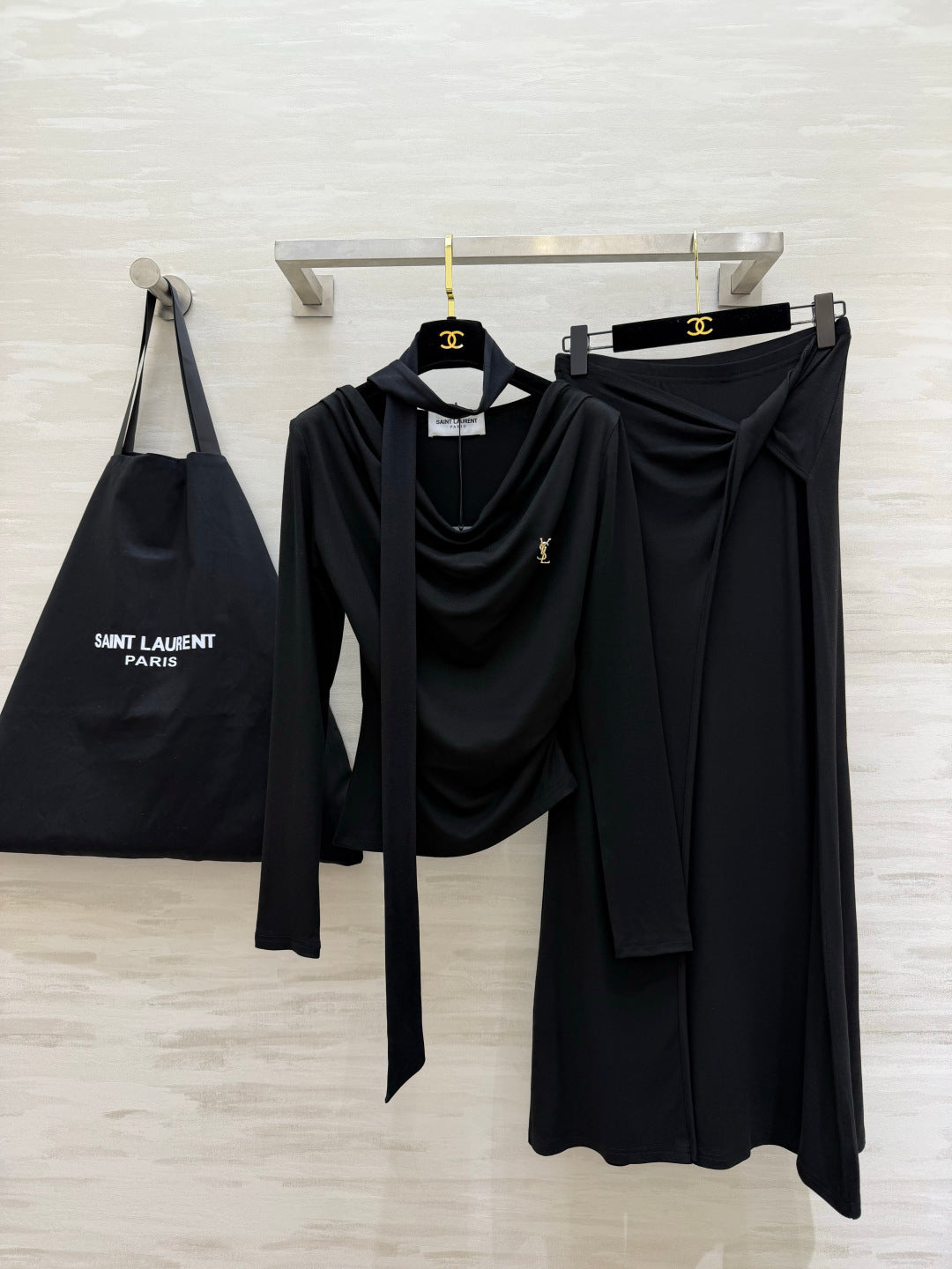 YSL 26s Draped Scarf Top & Midi Skirt Set Black Silk 437092