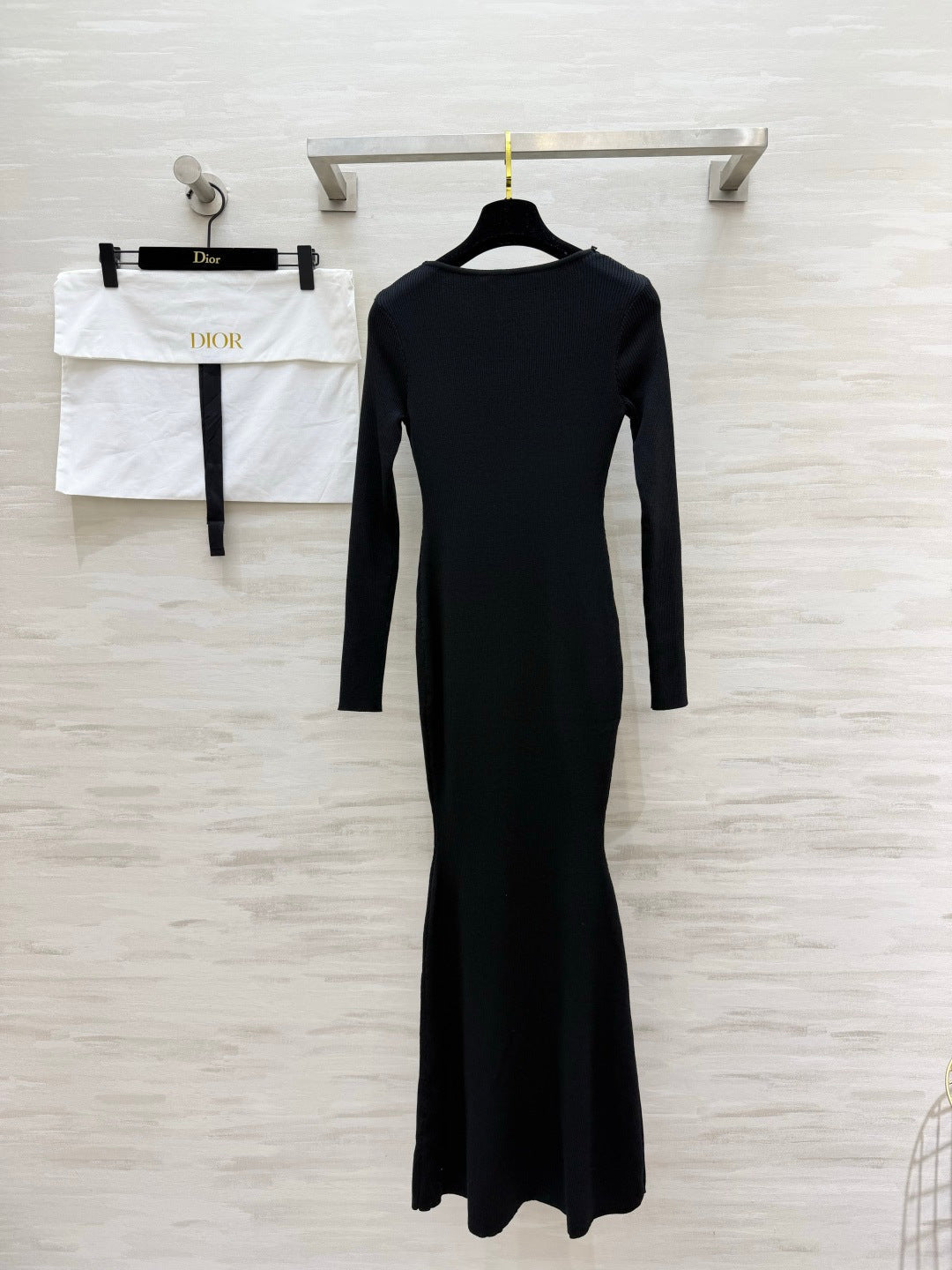 Dior 26s Lace-Trim V-Neck Ribbed Maxi Dress Black 438005
