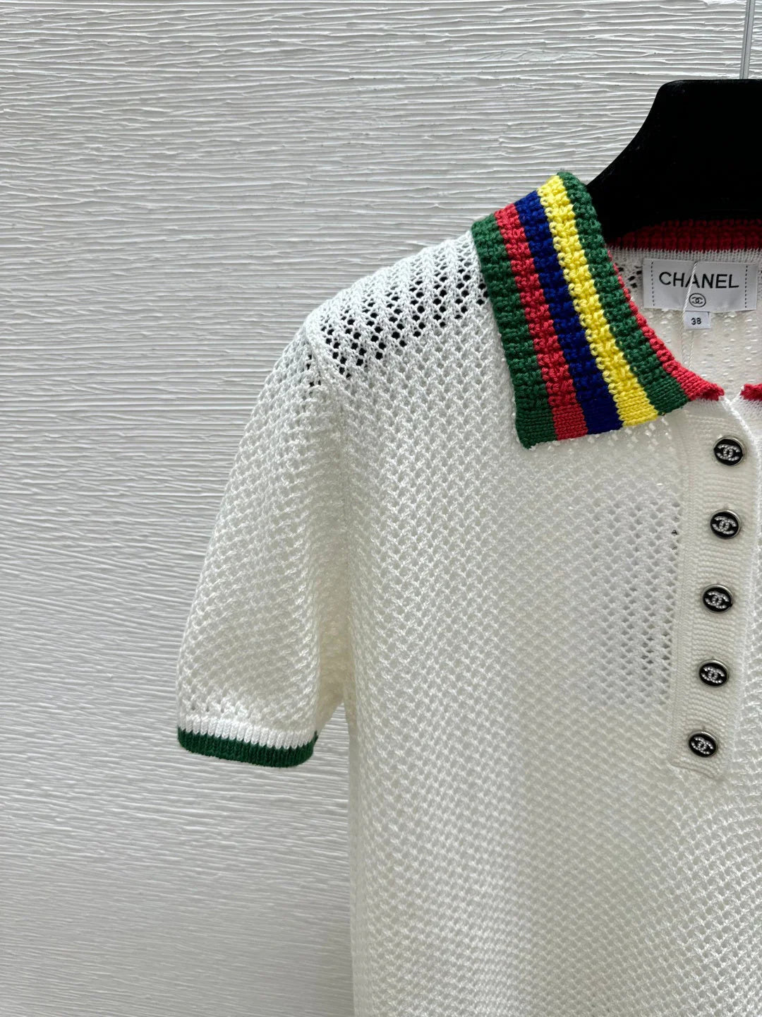 Chanel 2026 Multicolor Collar Polo Shirt White Wool Cashmere 397401