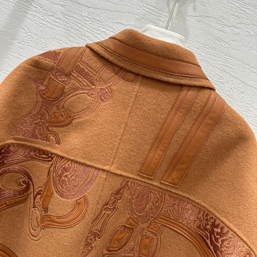 HM Embroidered Short Golden Camel Coat Wool Cashmere Calfskin 349658