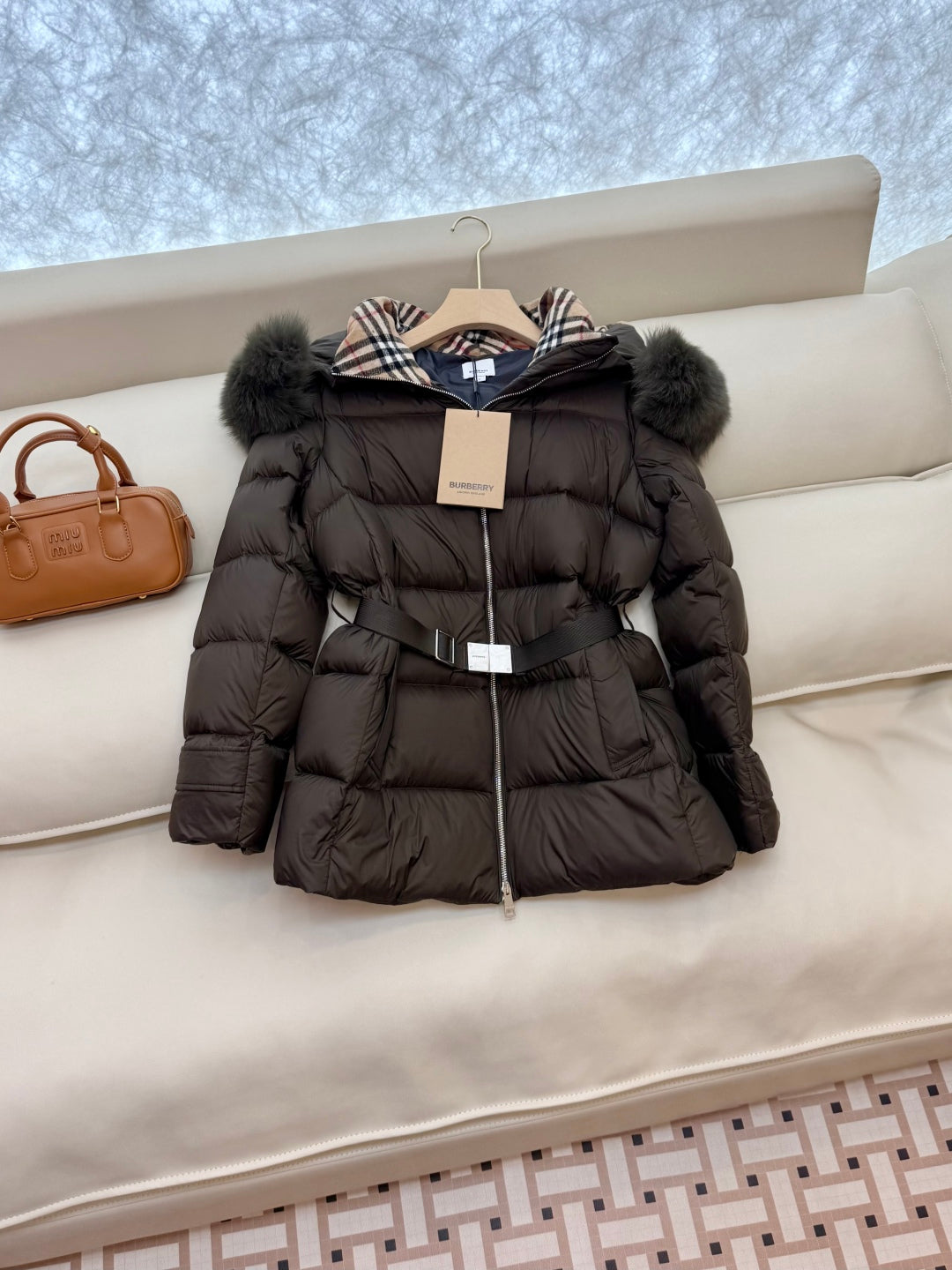 Burberry 25 Fur Collar Plaid Slim-fit Khaki Jacket Polyester Down