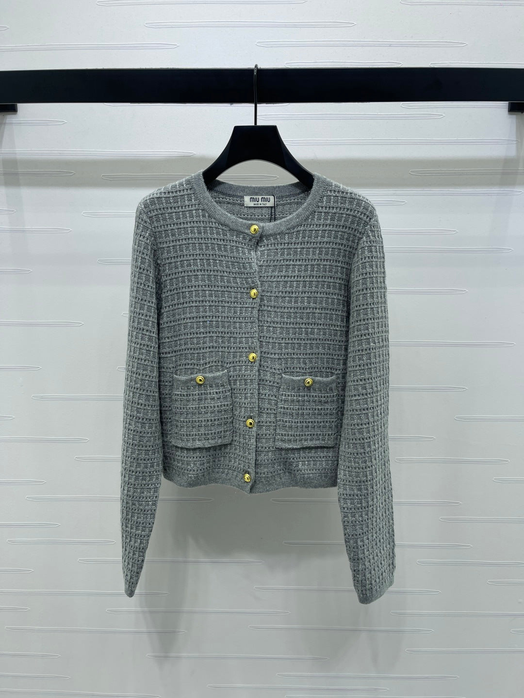 Miu 26s Neck Long-Sleeved Cardigan Grey Wool 415899