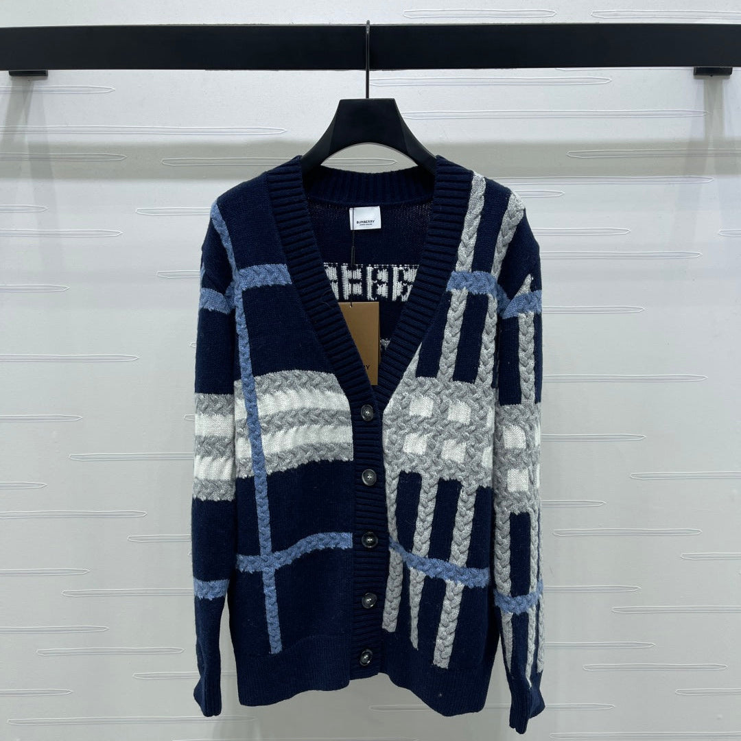 Burberry 25 V-neck Long-sleeved Cardigan Navy Blue Wool Cashmere