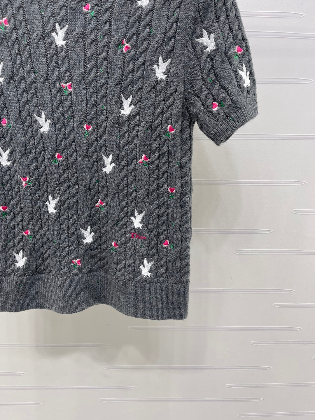 CD SS26 Embroidered Cable-Knit Sweater Bird Rose Grey Cashmere 351088