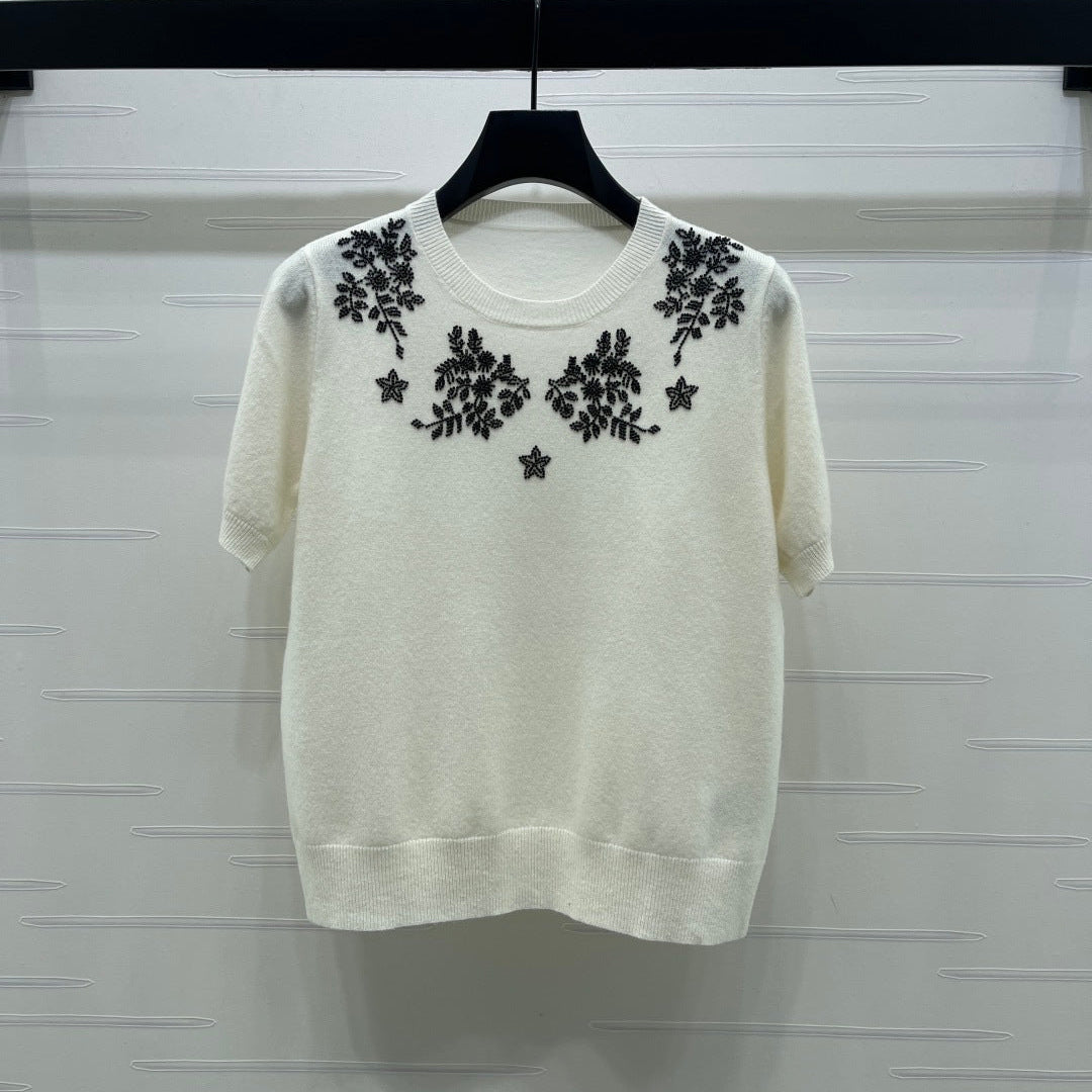 CD SS26 Beaded Floral Knit Top Ivory Wool 351068