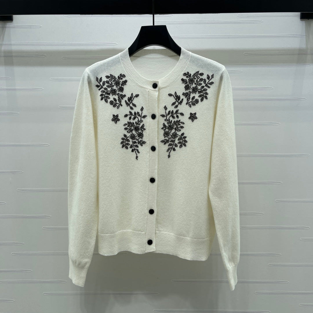 CD SS26 Beaded Floral Cardigan Ivory Wool 351064