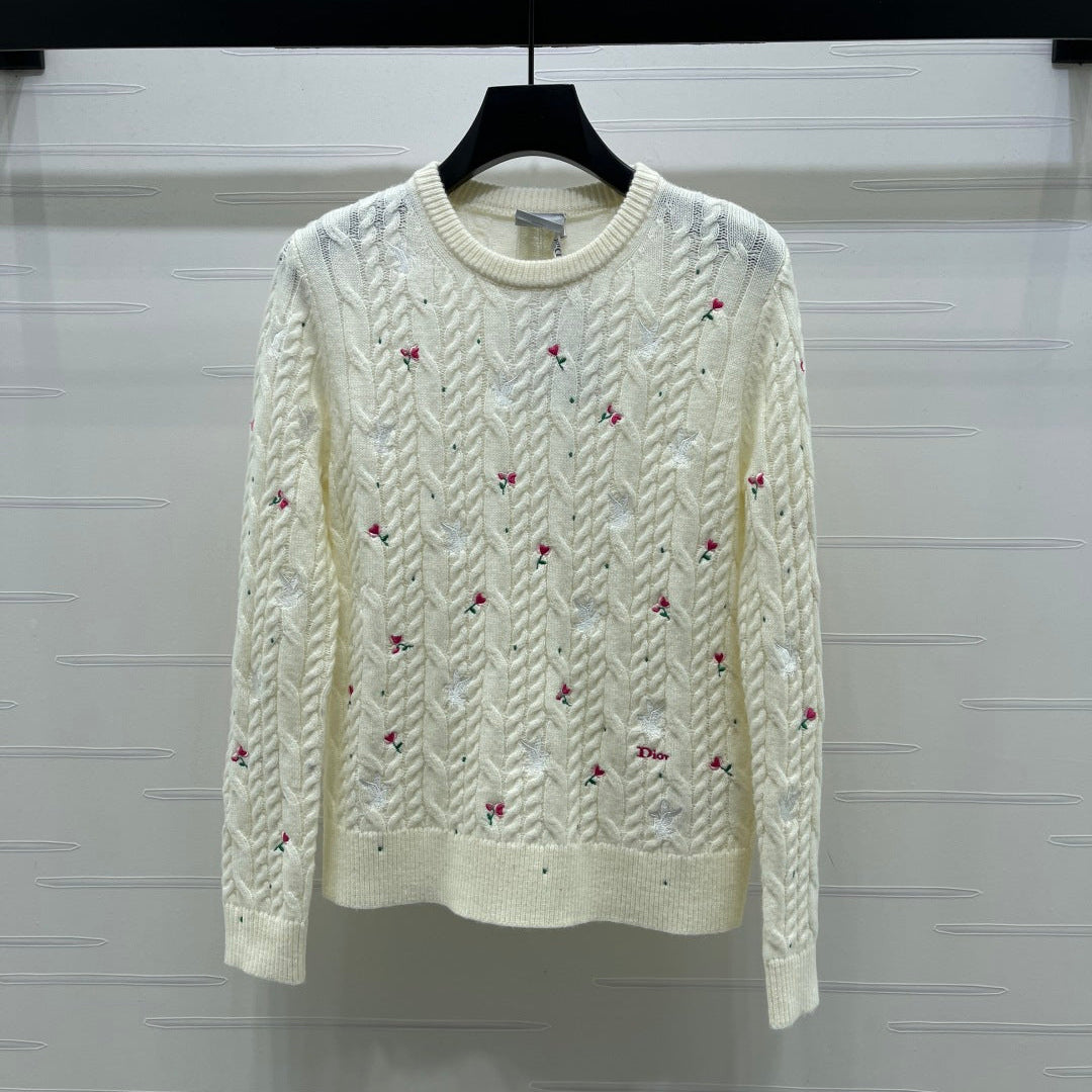 CD SS26 Dioramour Embroidered Cable-Knit Sweater Ivory Cashmere 351077
