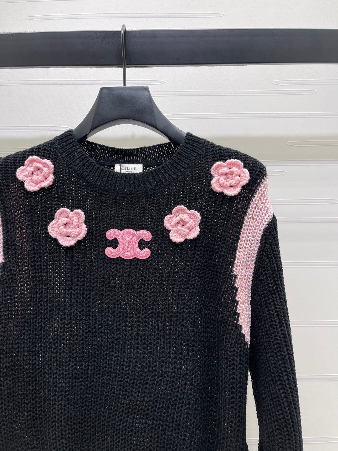 Celin Crochet Hollow-out Pullover Knit Long-Sleeve Top Black Wool 343474