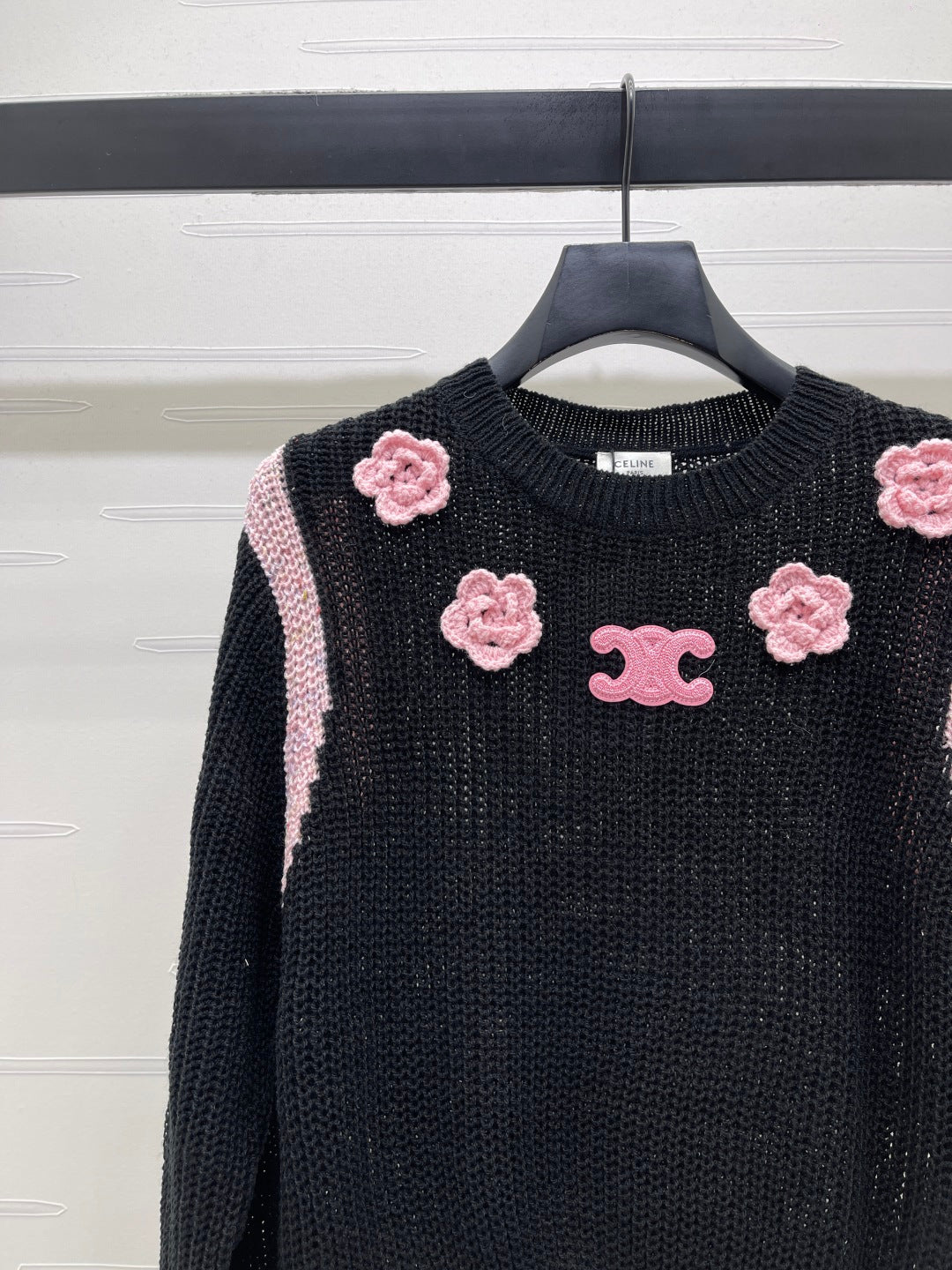 Celin Crochet Hollow-out Pullover Knit Long-Sleeve Top Black Wool 343474