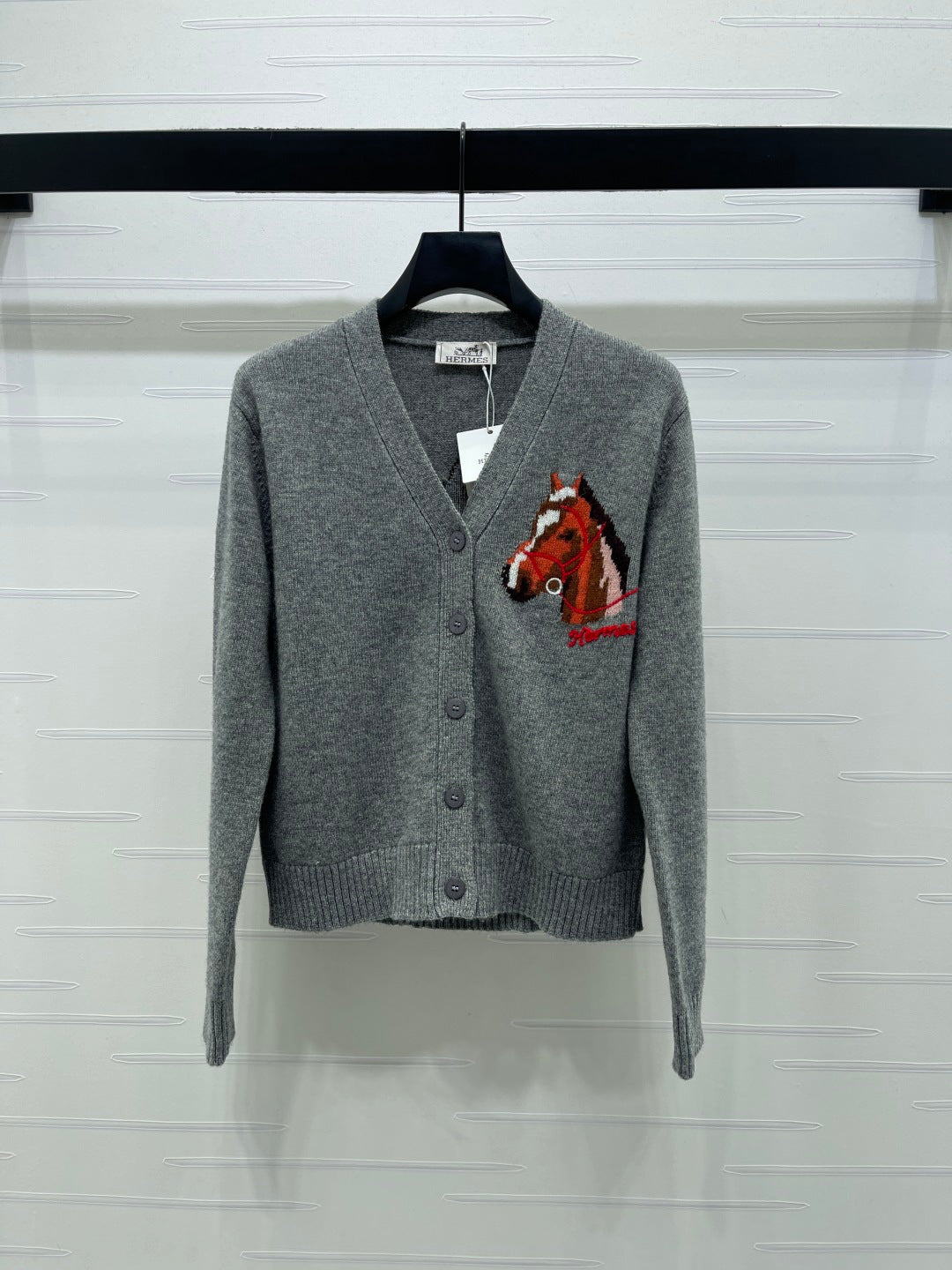 HM 26s Jacquard Horsehead V-Neck Knit Cardigan Grey Wool 344106