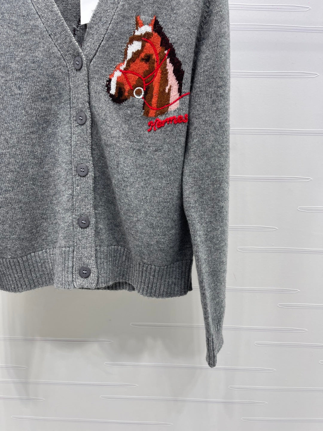 HM 26s Jacquard Horsehead V-Neck Knit Cardigan Grey Wool 344106