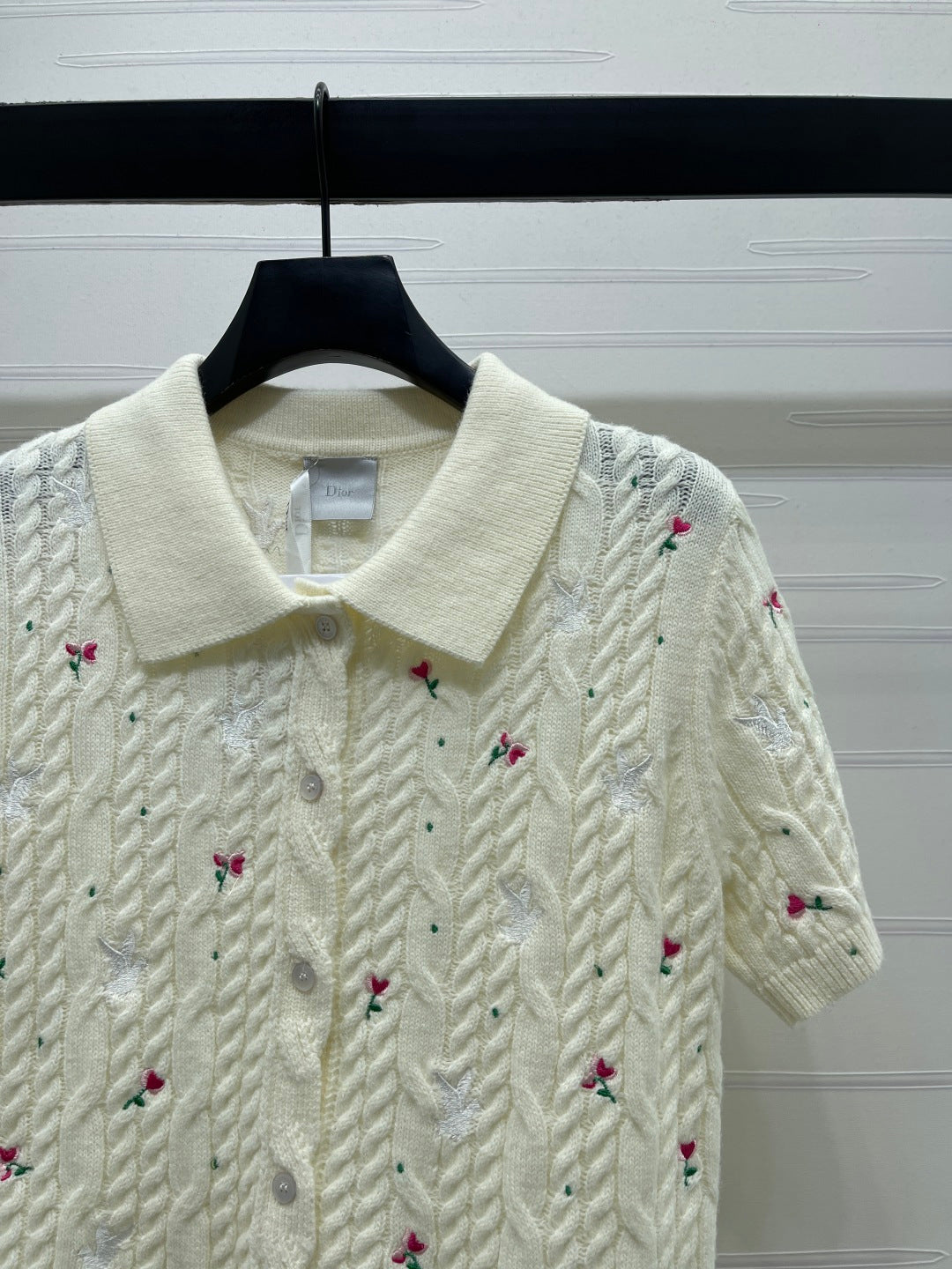 CD SS26 Embroidered Knit Polo Shirt Bird Rose Ivory Cashmere 351082