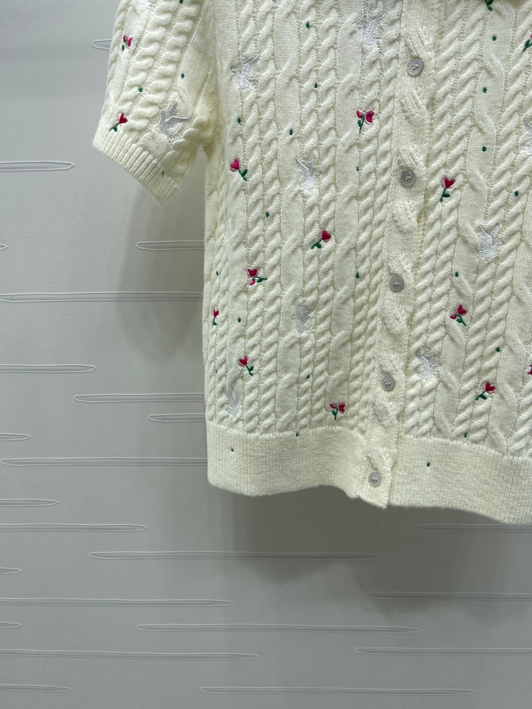 CD SS26 Embroidered Knit Polo Shirt Bird Rose Ivory Cashmere 351082