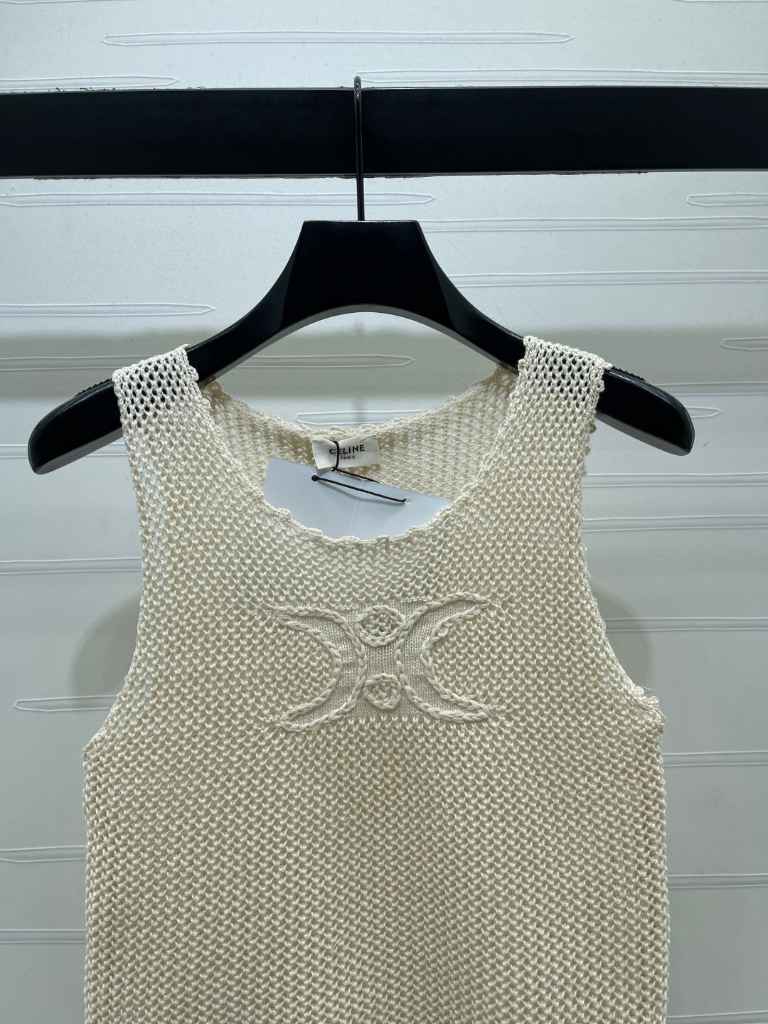 Celine 26s Triomphe Crochet Knit Vest Ivory Wool Cashmere 373120