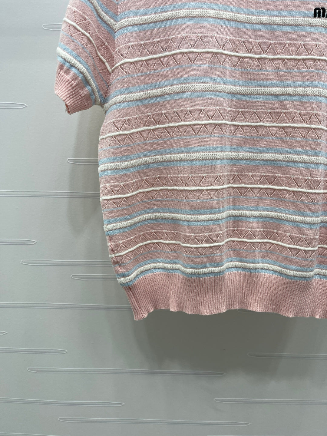 Miu Striped Knit Short-Sleeved Top Light Pink Acrylic Tencel 373125