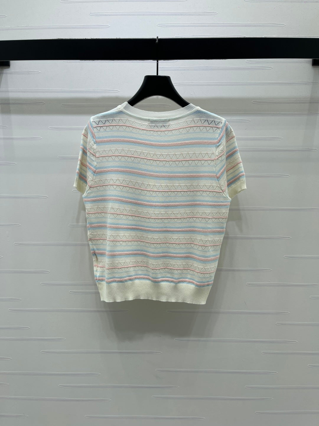 Miu Striped Knit Short-Sleeved Top Ivory Acrylic Tencel 373124
