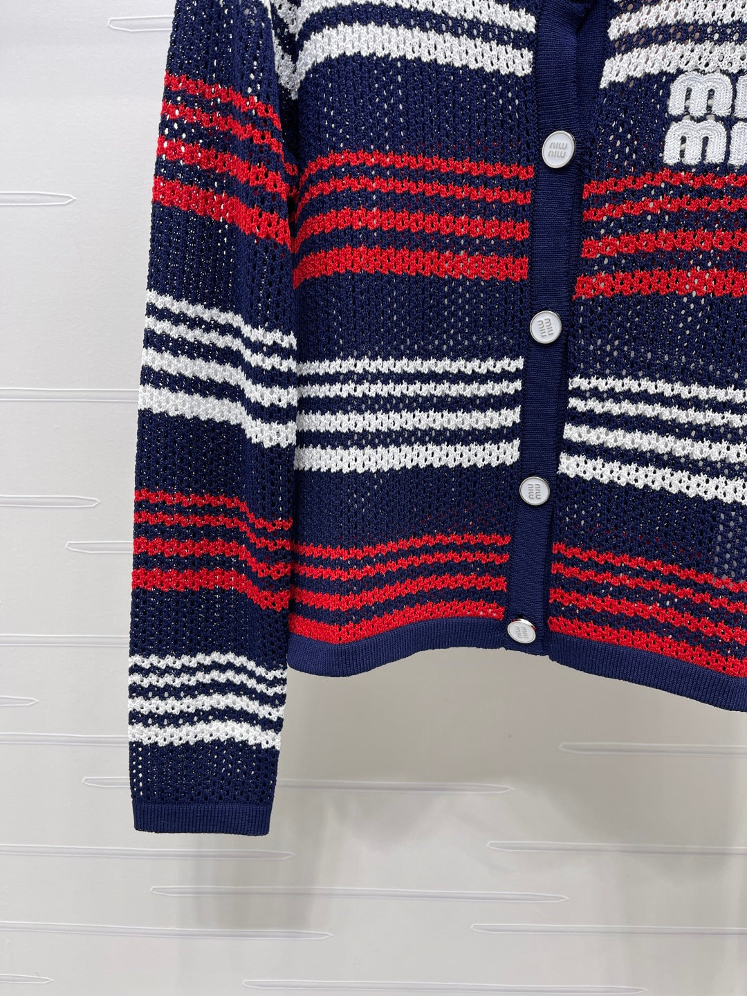 Miu Long-Sleeved Cardigan Red Navy Blue Wool 373133