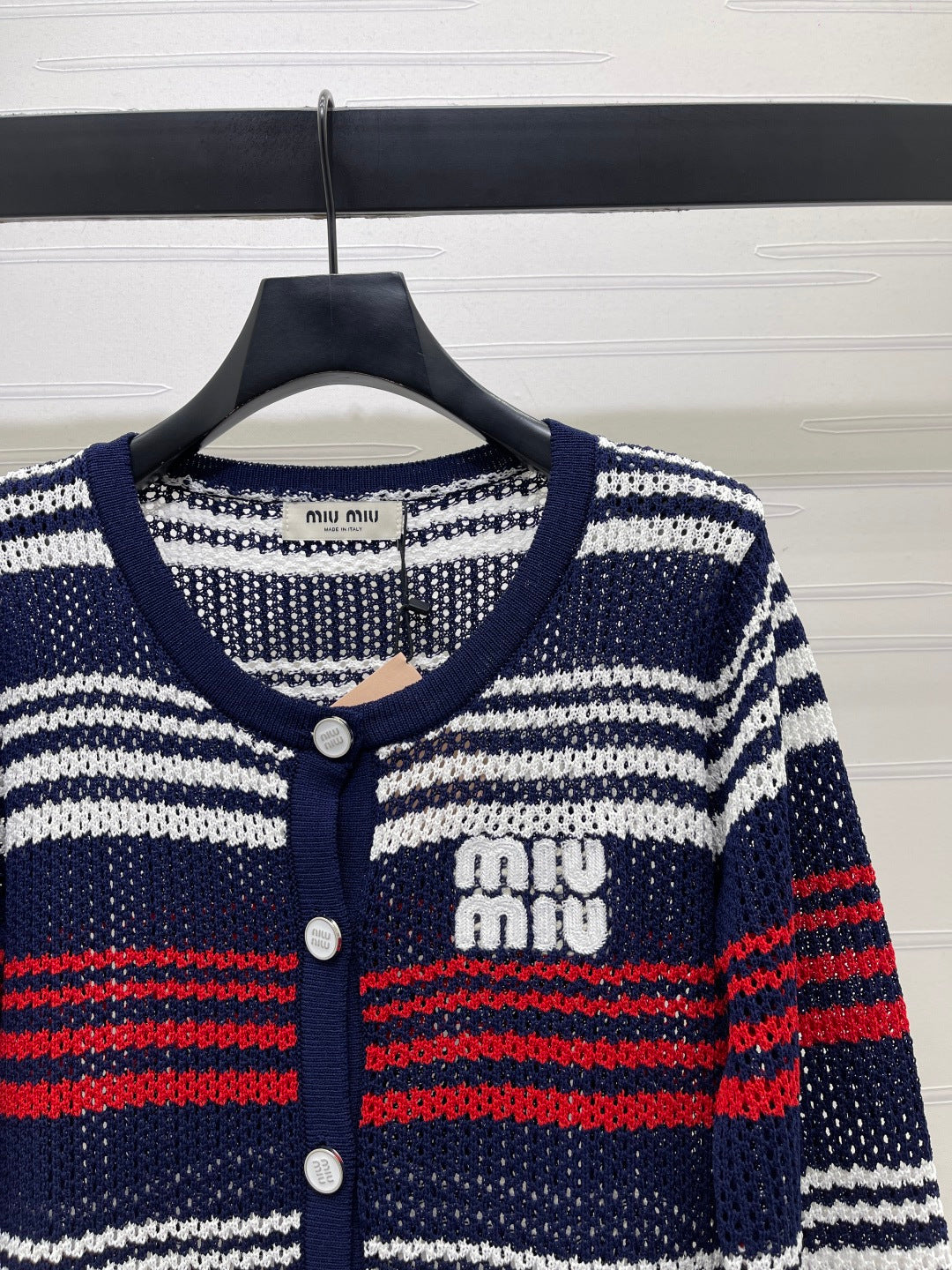 Miu Long-Sleeved Cardigan Red Navy Blue Wool 373133