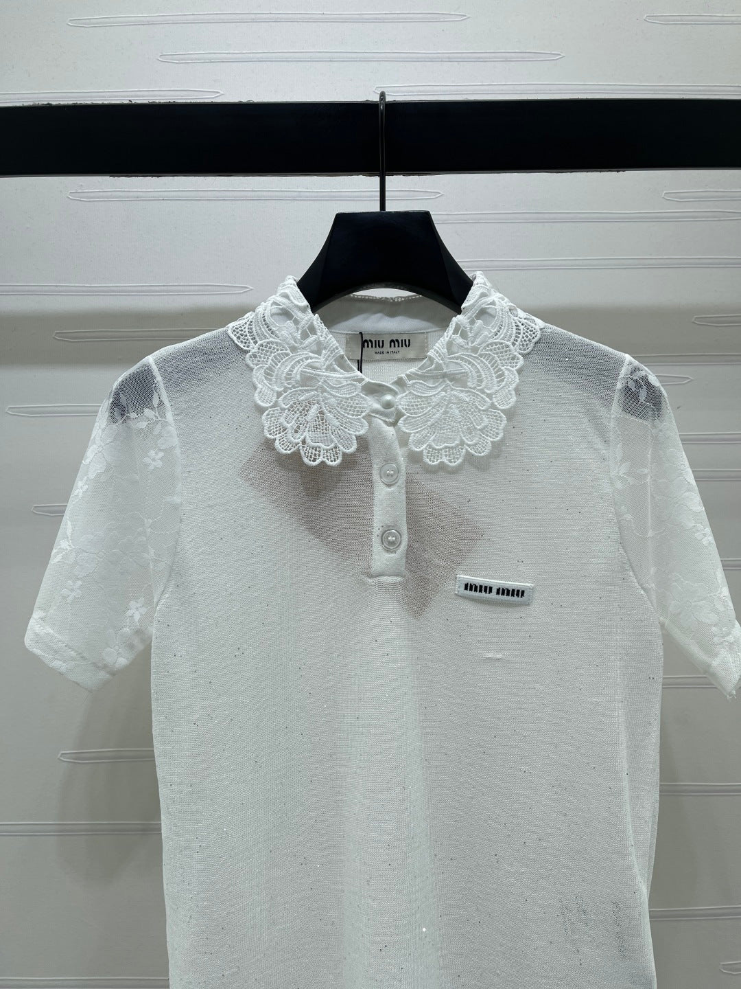 Miu Crochet Knit Short-Sleeved Top Tencel Nylon 373136