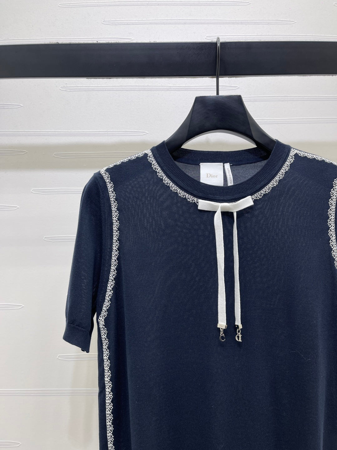 CD 26s Neck Short-Sleeved Knit Top Dark Blue Mulberry Silk 373139