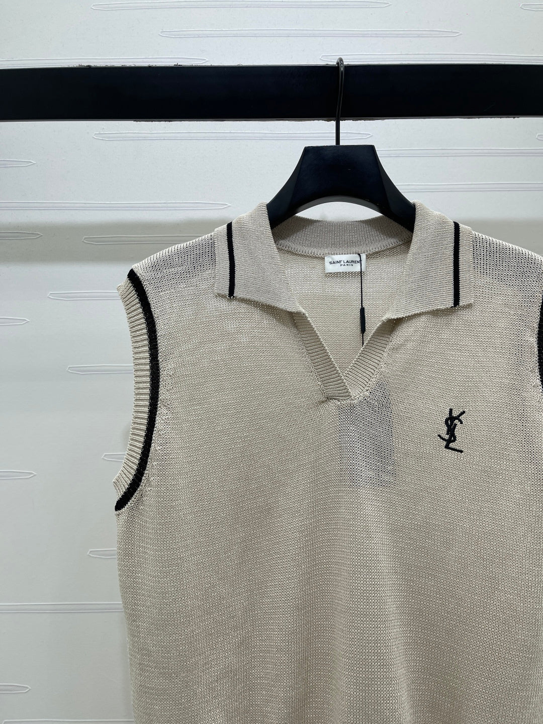 YSL Polo Collar Knitted Vest Light Grey Wool 382112