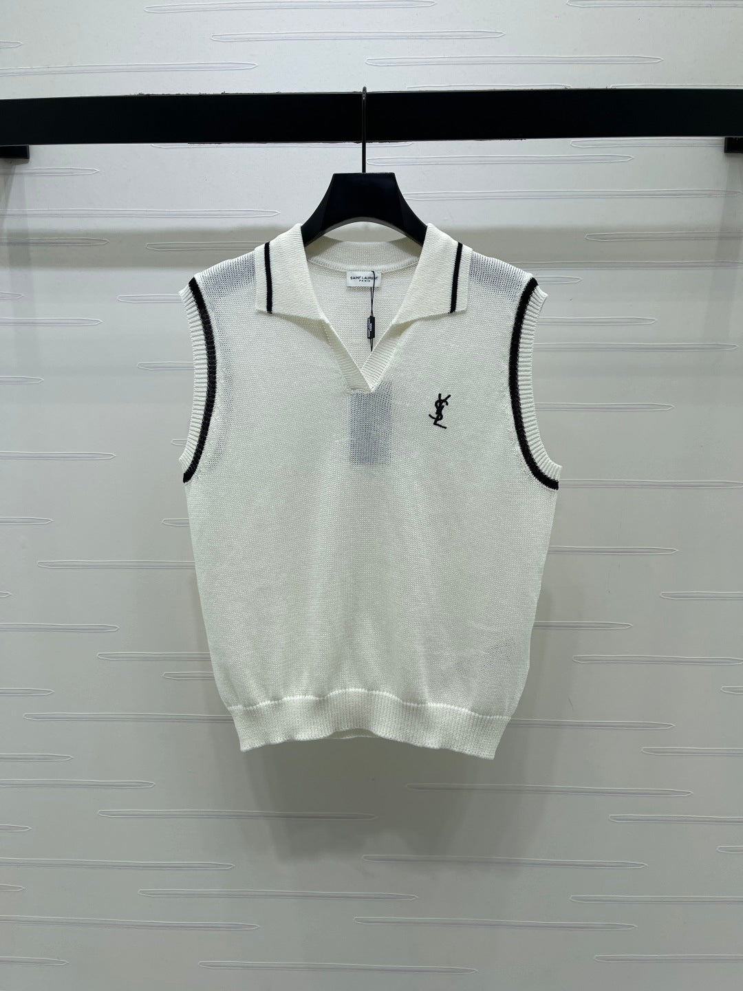 YSL Polo Collar Knitted Vest White Wool 382113