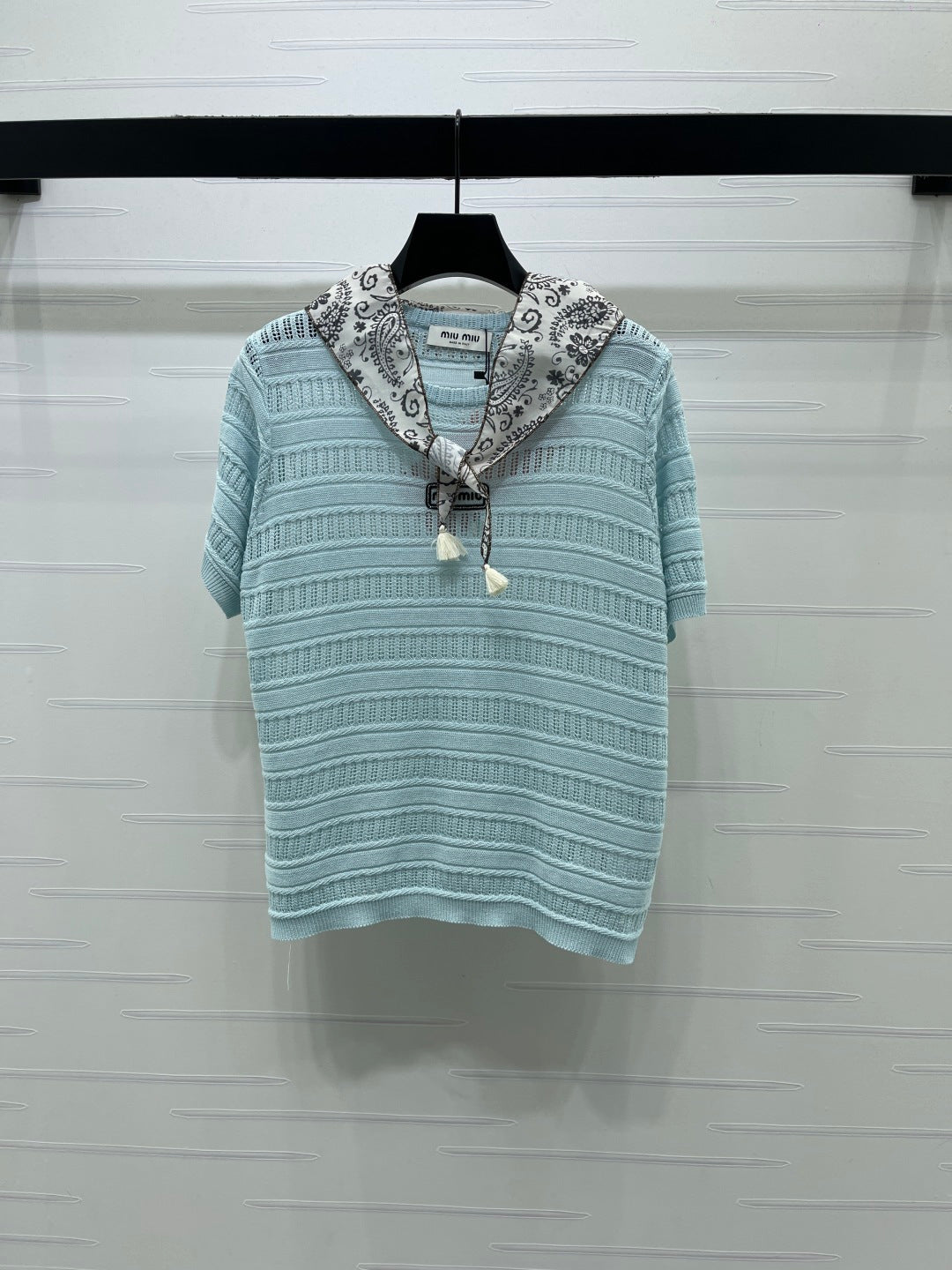 Miu Knit Short-Sleeved Top Light Blue Nylon Wool 380778