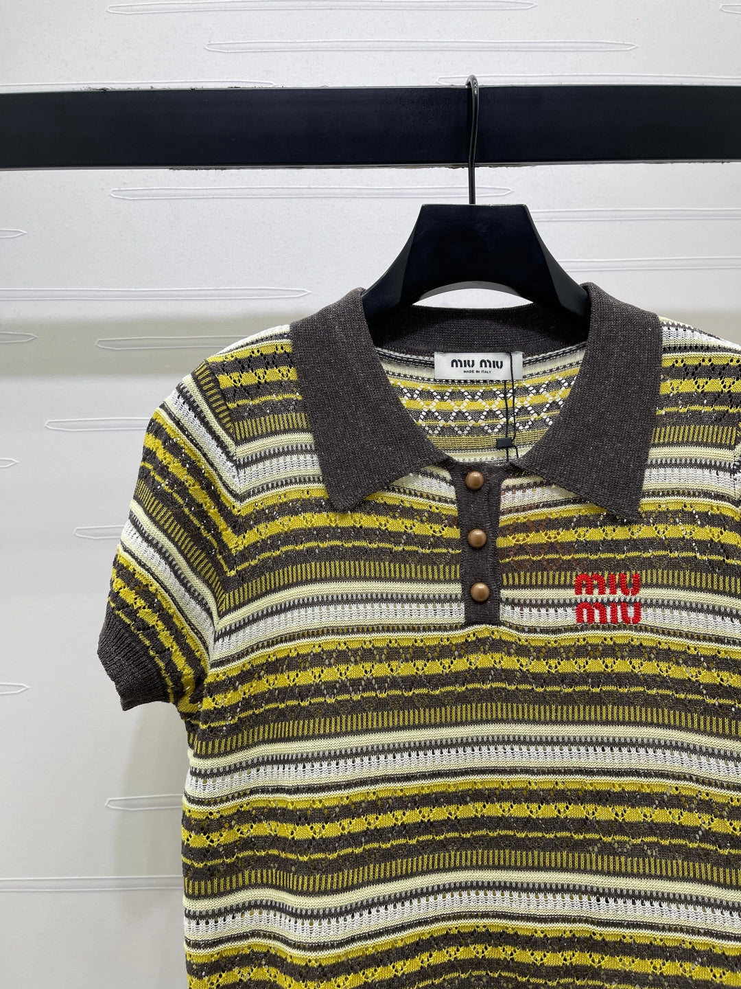 Miu Knit Short-Sleeved Top Yellow Colorful Linen Acrylic 380778