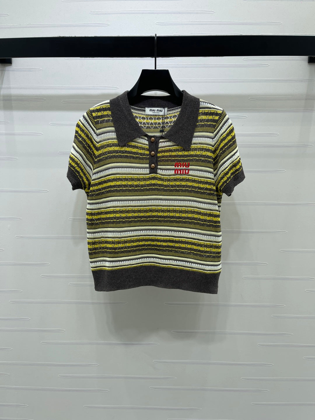 Miu Knit Short-Sleeved Top Yellow Colorful Linen Acrylic 380778