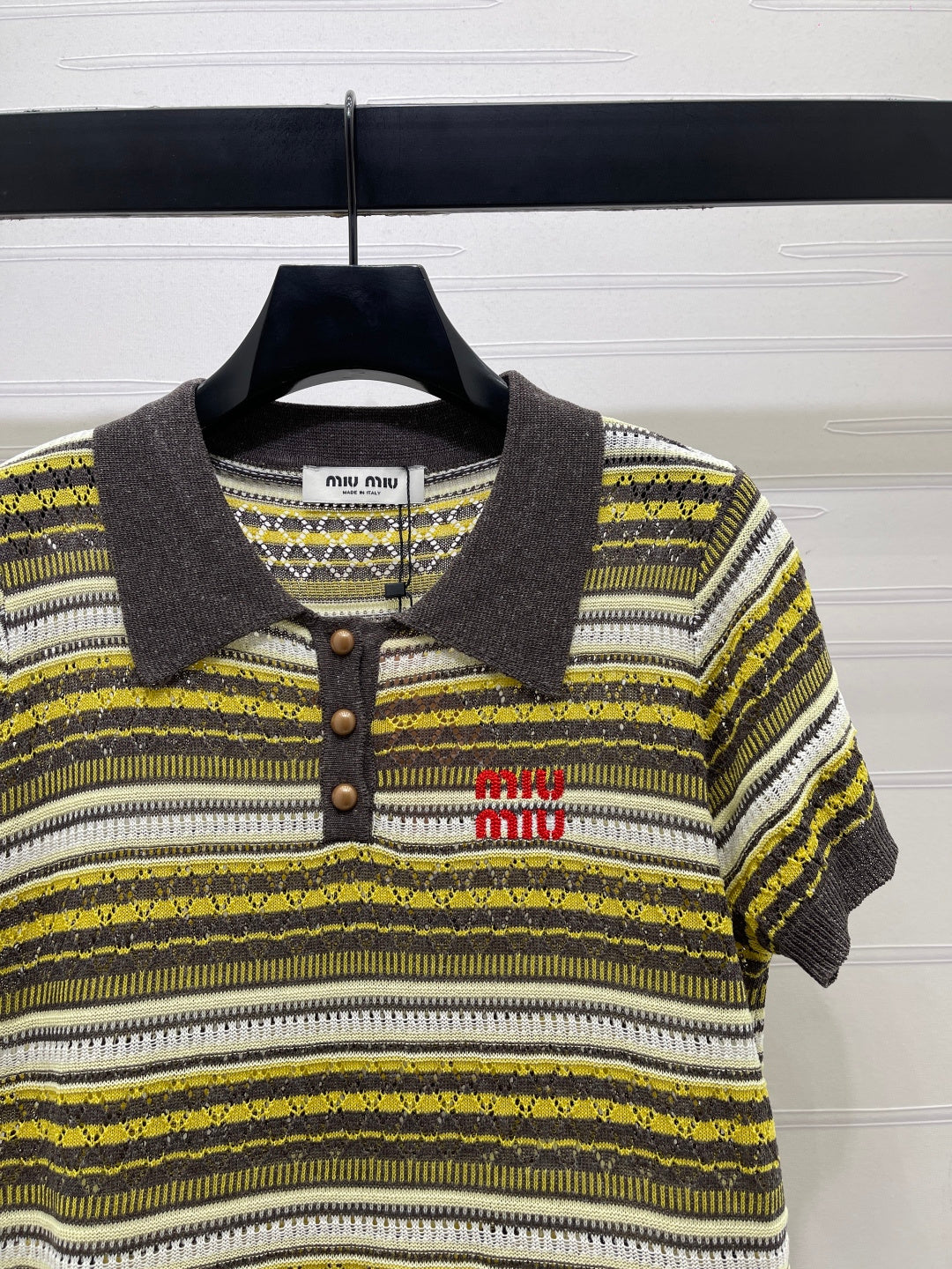 Miu Knit Short-Sleeved Top Yellow Colorful Linen Acrylic 380778
