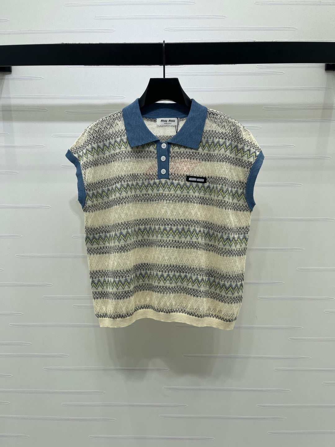 Miu Knit Short-Sleeved Top Blue/Cream Wool Nylon 380769