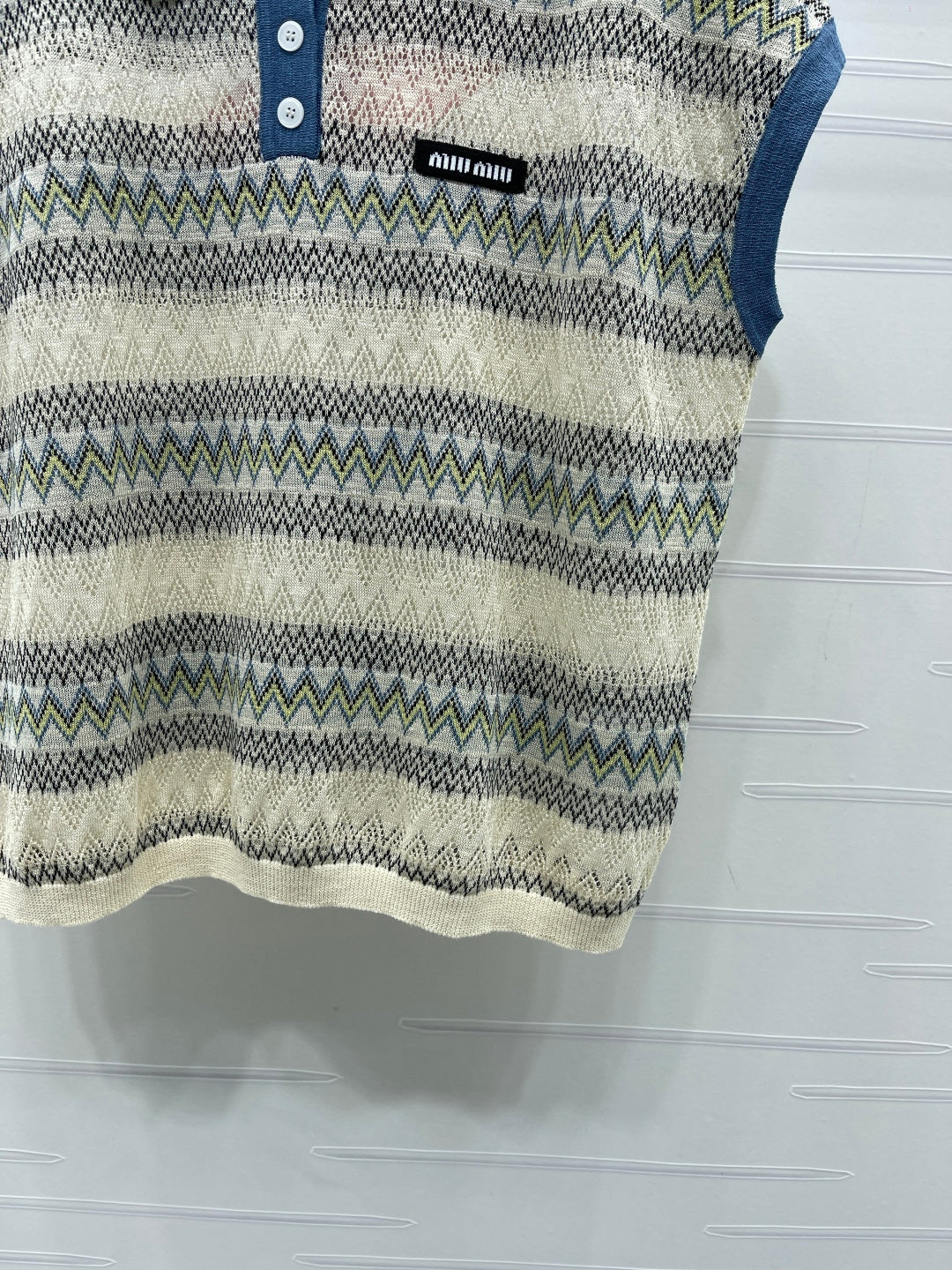 Miu Knit Short-Sleeved Top Blue/Cream Wool Nylon 380769