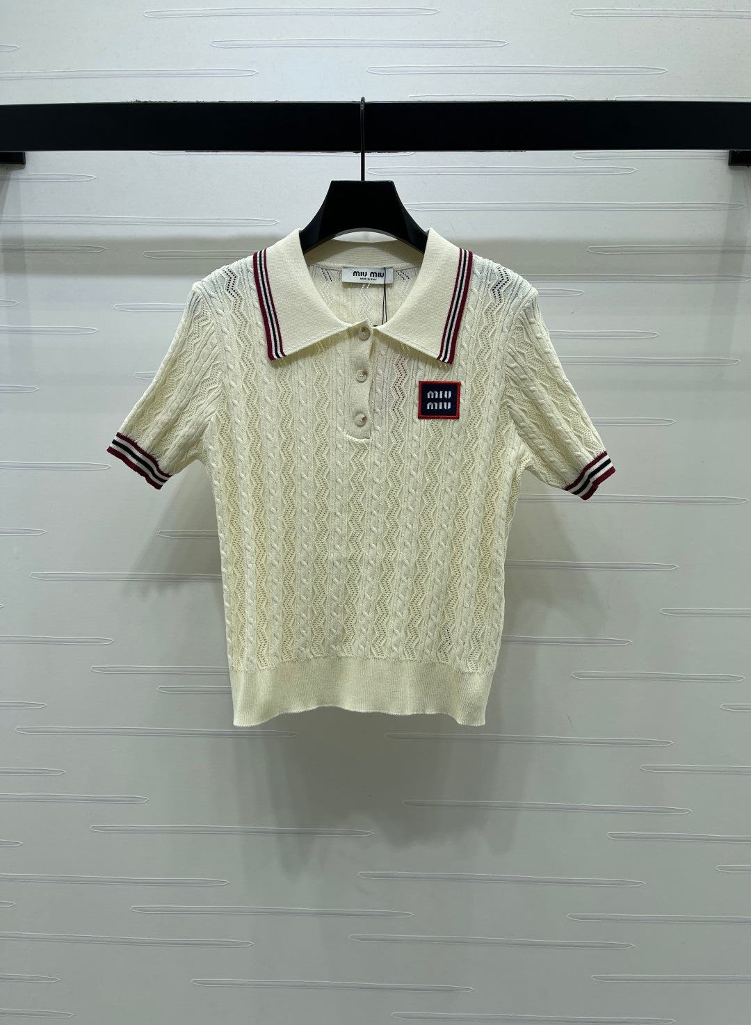 Miu Knit Short-Sleeved Cream Burgundy Tencel Wool 380755