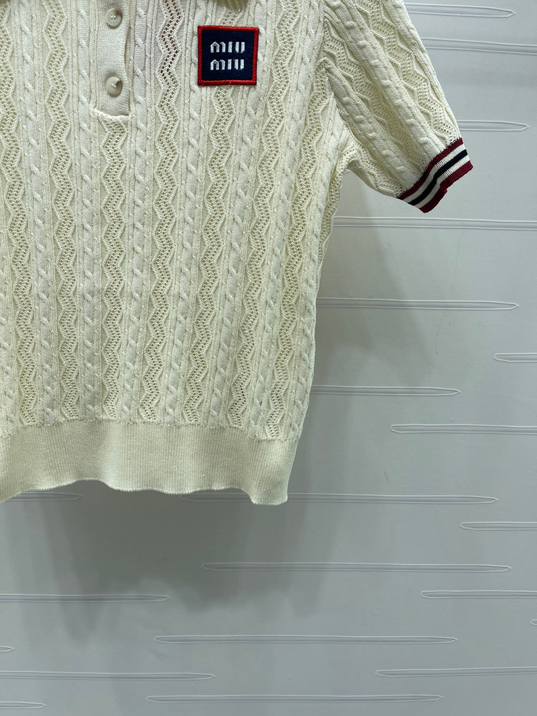 Miu Knit Short-Sleeved Cream Burgundy Tencel Wool 380755