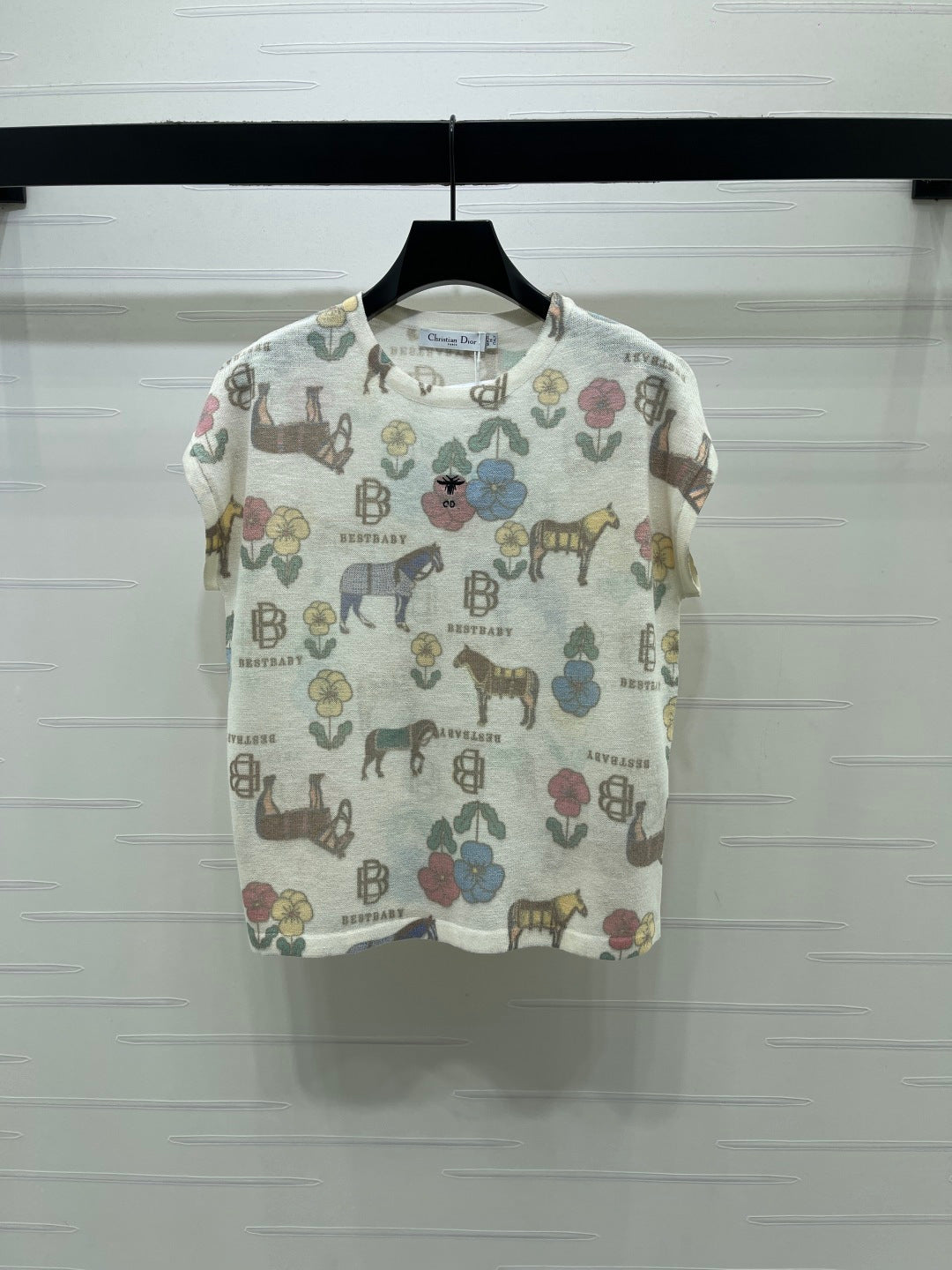 CD Short-Sleeved Top Floral Animal Pattern Cream Cotton 380762