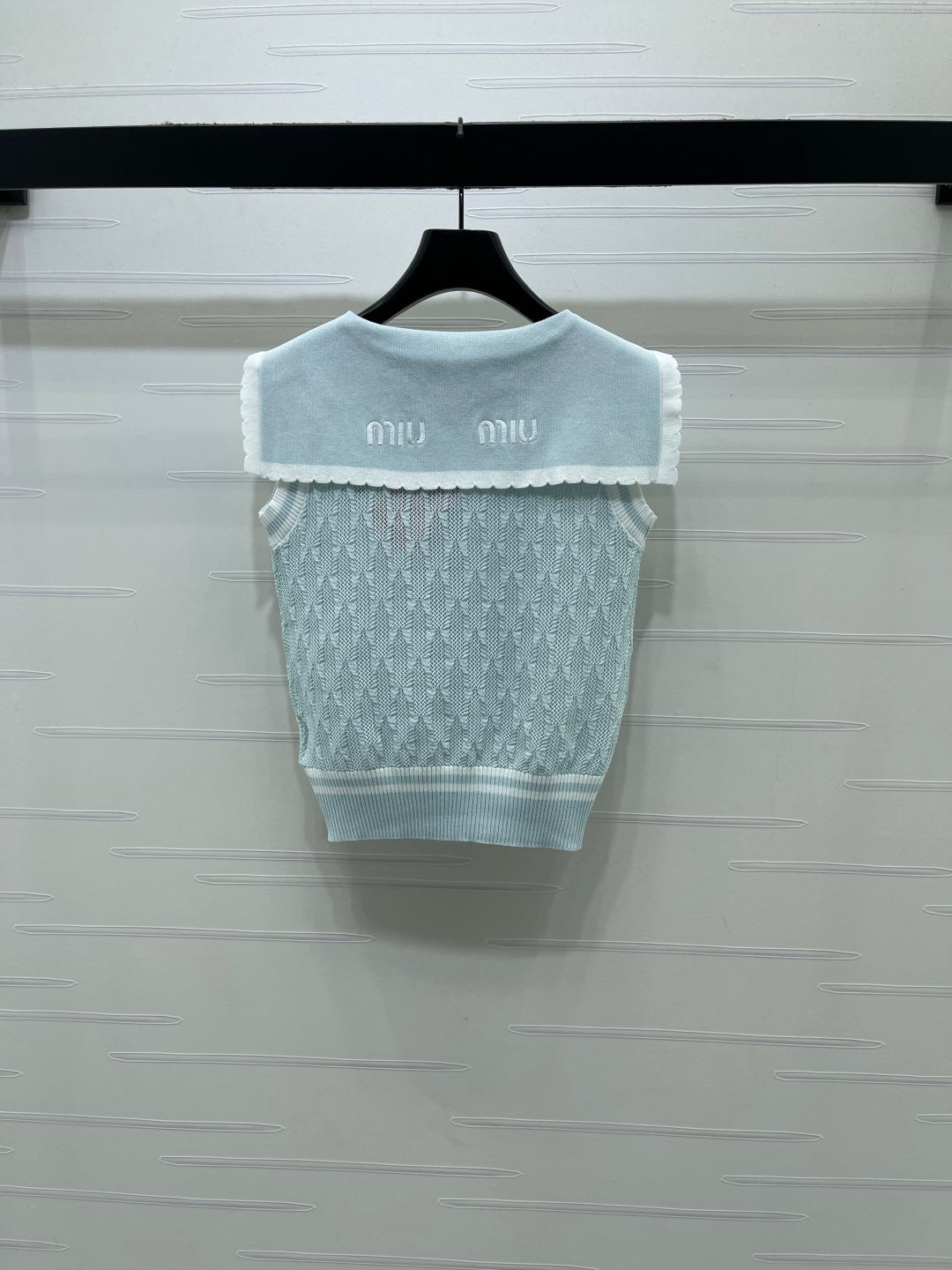 Miu Shawl Tie-Wear Knitted Vest Light Blue Black Wool 382100