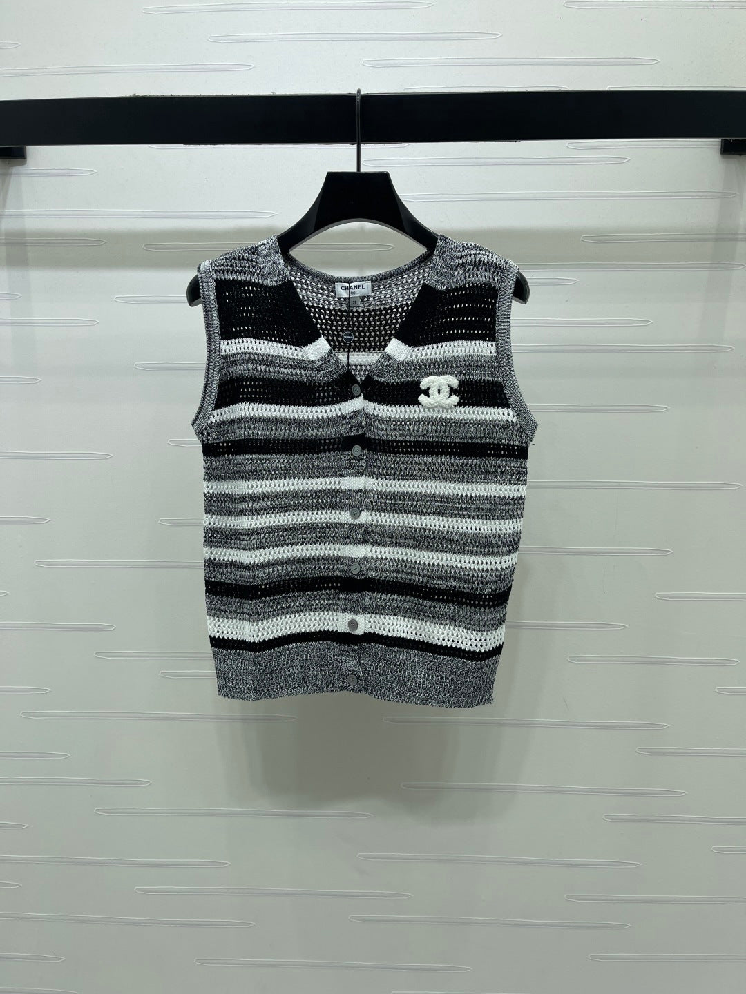 CC 26s V-Neck Knitted Vest Black Grey Cotton 382094