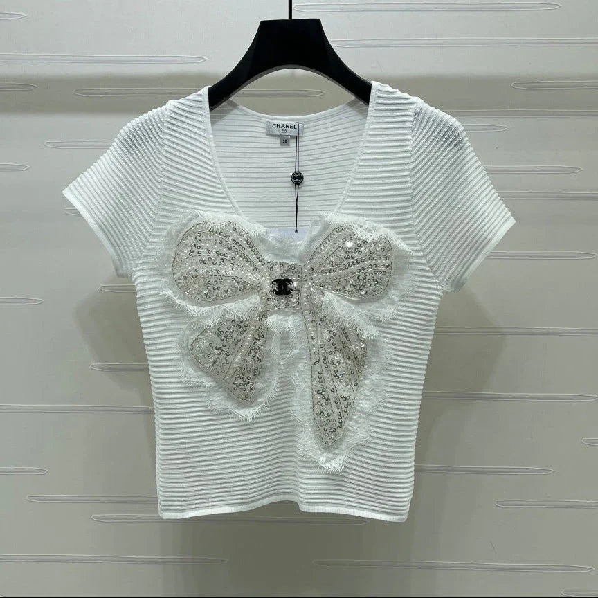 Chanel 2026 Lace Sequin Bow Knit Short-Sleeve T-Shirt Viscose 390731