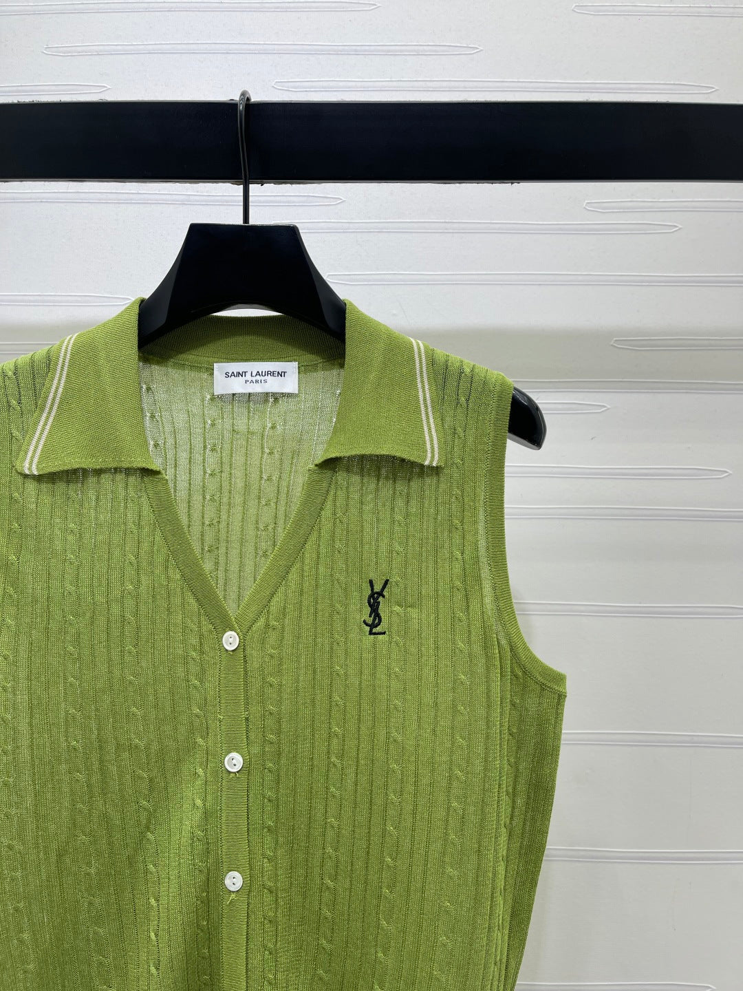YSL Collared Knit Vest Green Spun Silk Linen 397457