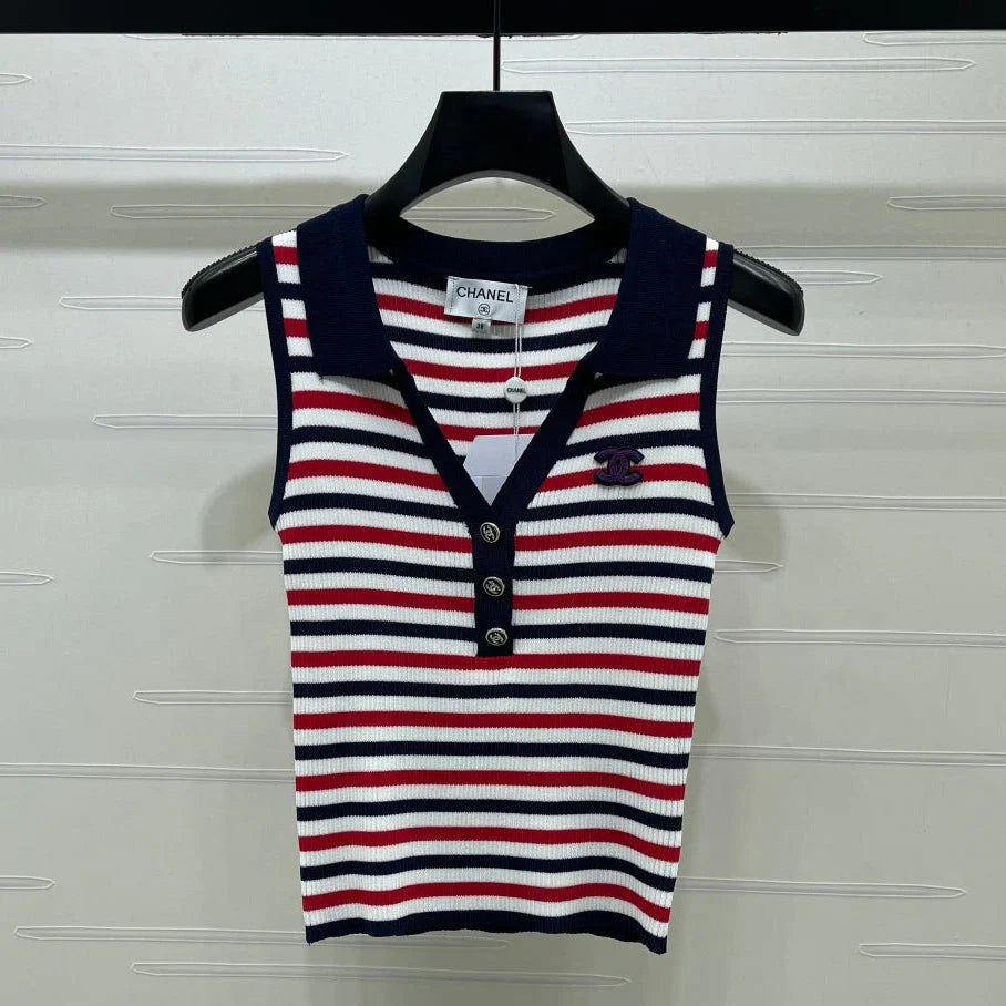 Chanel 2026 Striped Knitted Collared Vest Red White Blue Viscose 397310
