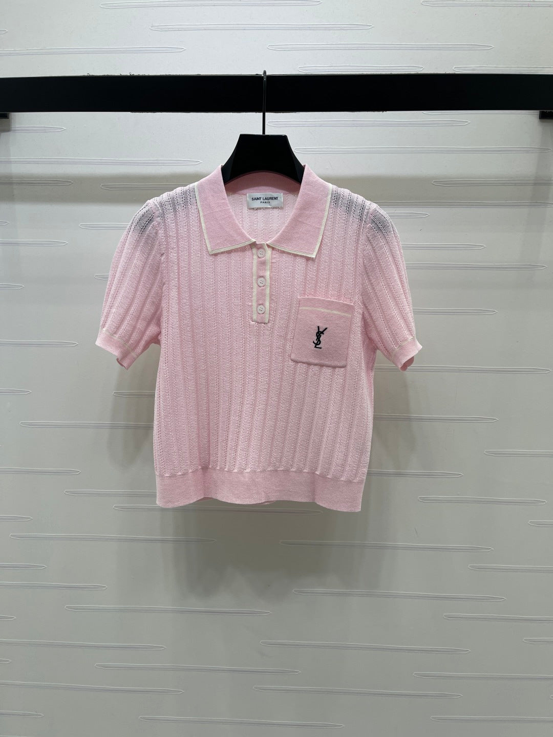 YSL 26s Knit Short-Sleeved Top Light Pink Silk Linen 401586