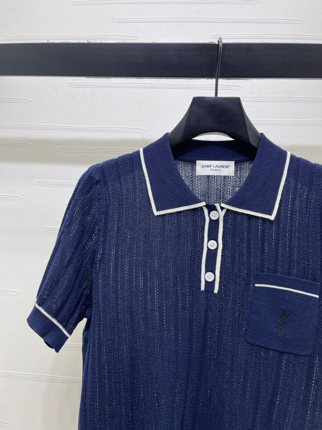 YSL 26s Knit Short-Sleeved Top Navy Blue Silk Linen 401585
