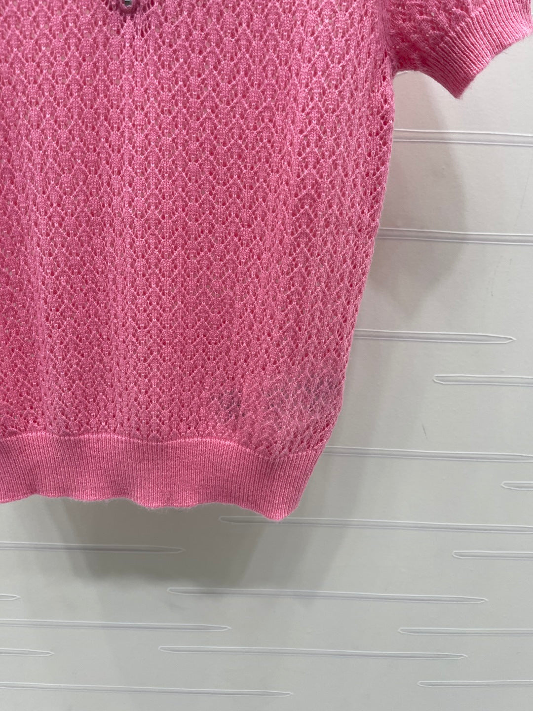 Miu 26s Neck Knit Short-Sleeved Top Hot Pink Wool 410764