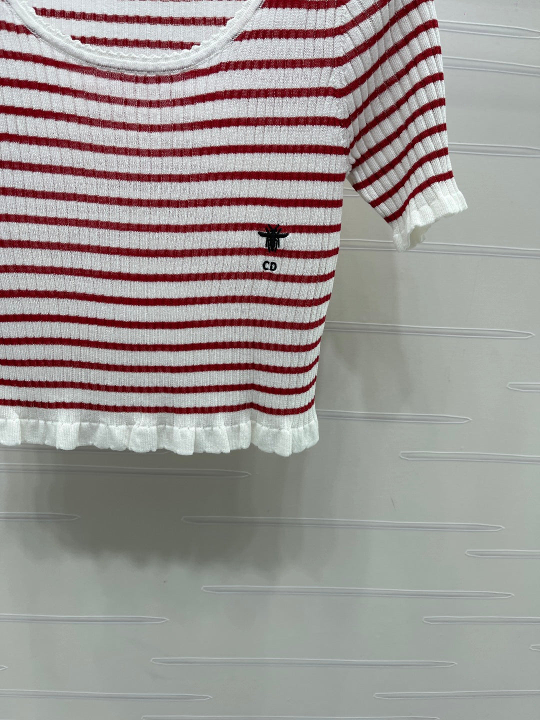 CD 26s Short-Sleeved Top White Red Silk Linen 409493