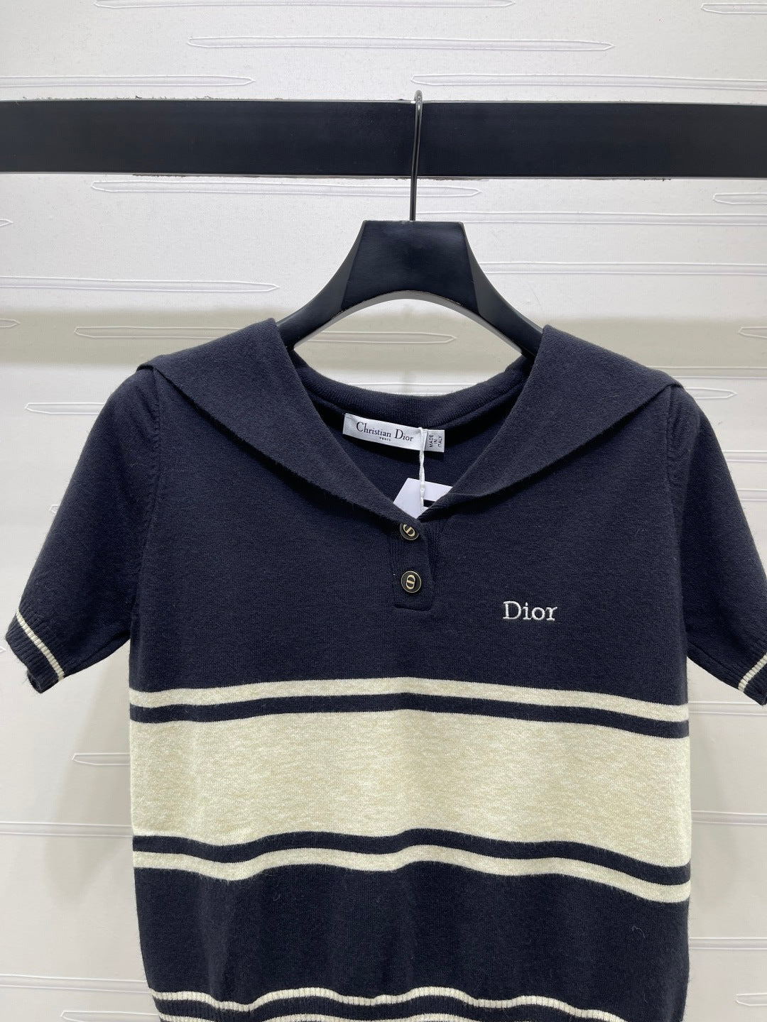 CD 26s Collar Striped Knit Short-Sleeve Sweater Nylon Wool 409497