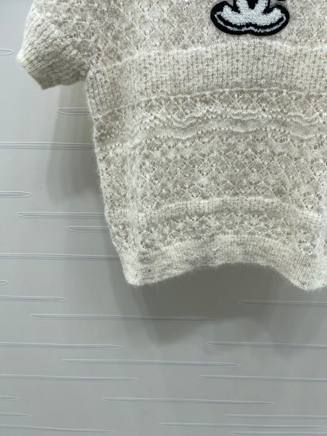 CC Pattern Knit Short-Sleeve T-Shirt Ivory Wool 422027