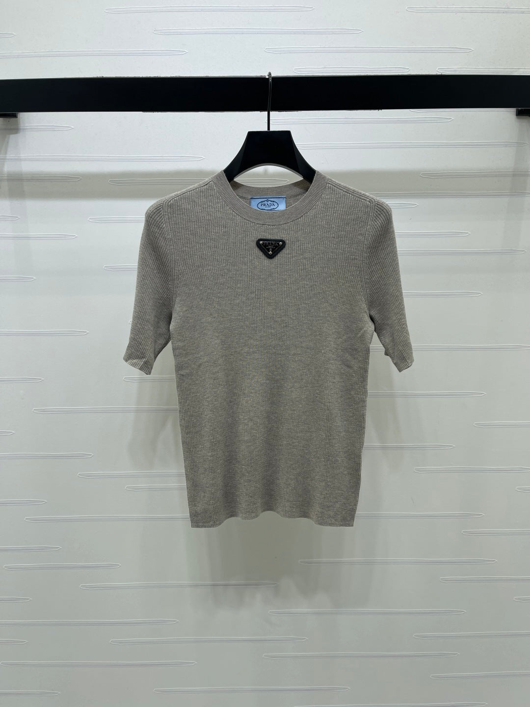 Prada 26s Round Neck Slim Fit Knit Short-Sleeve Top Light Taupe Wool 421995