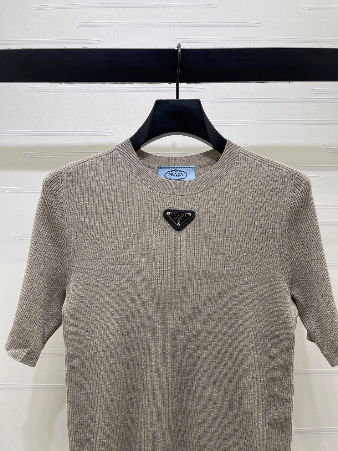 Prada 26s Round Neck Slim Fit Knit Short-Sleeve Top Light Taupe Wool 421995