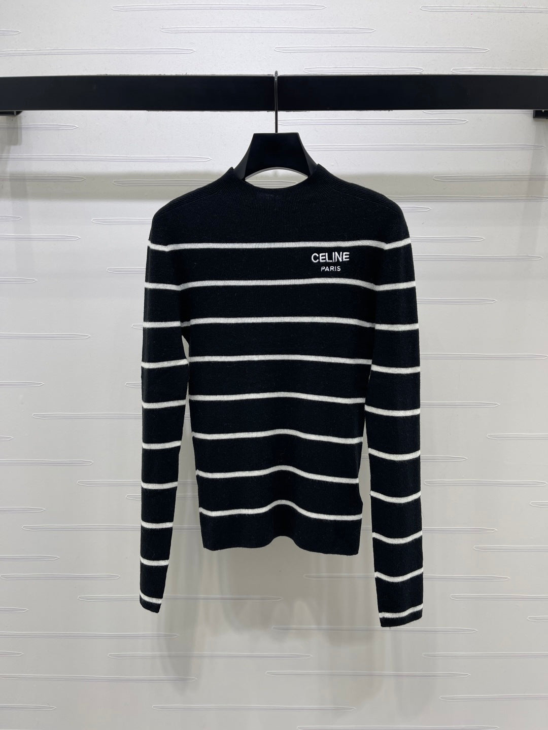 Celine 26s High-Neck Striped Knit Long Sleeve Black Tencel 423874